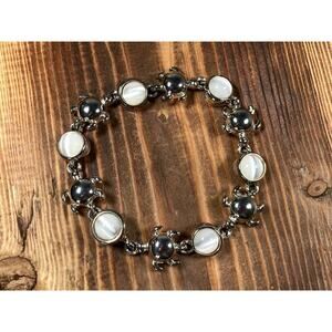 Vintage Moonstone Turtle Link Bracelet Silver Tone Magnetic Clasp 7.5”